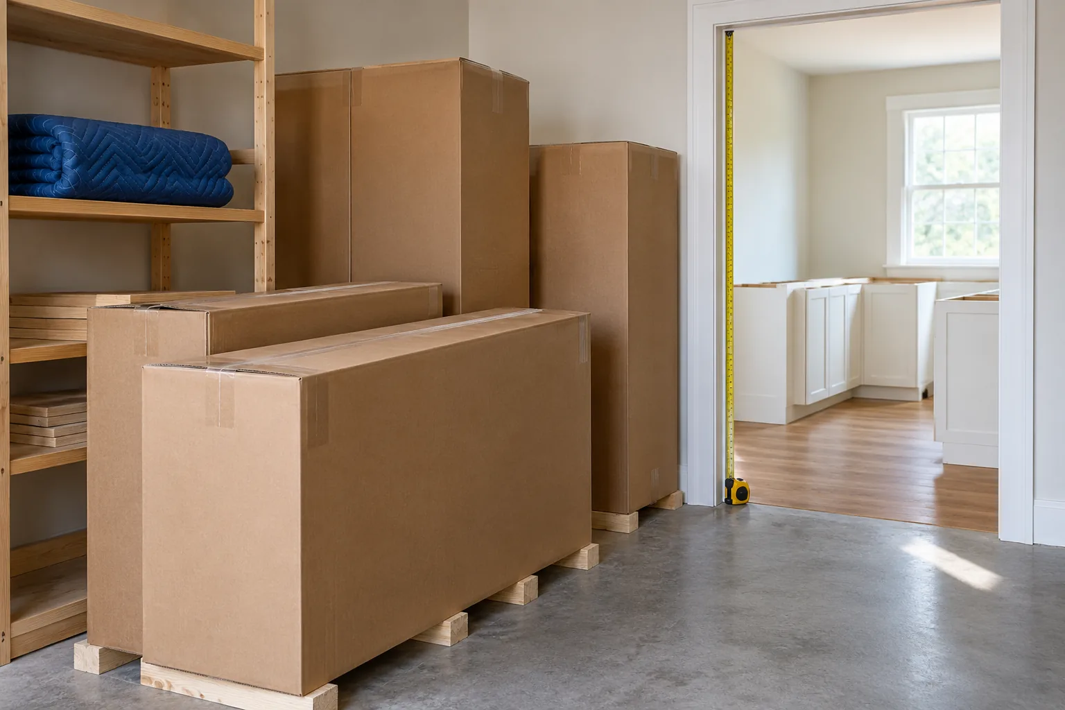 Cabinet cartons raised on timber beside a clear doorway and folded blue moving blanket